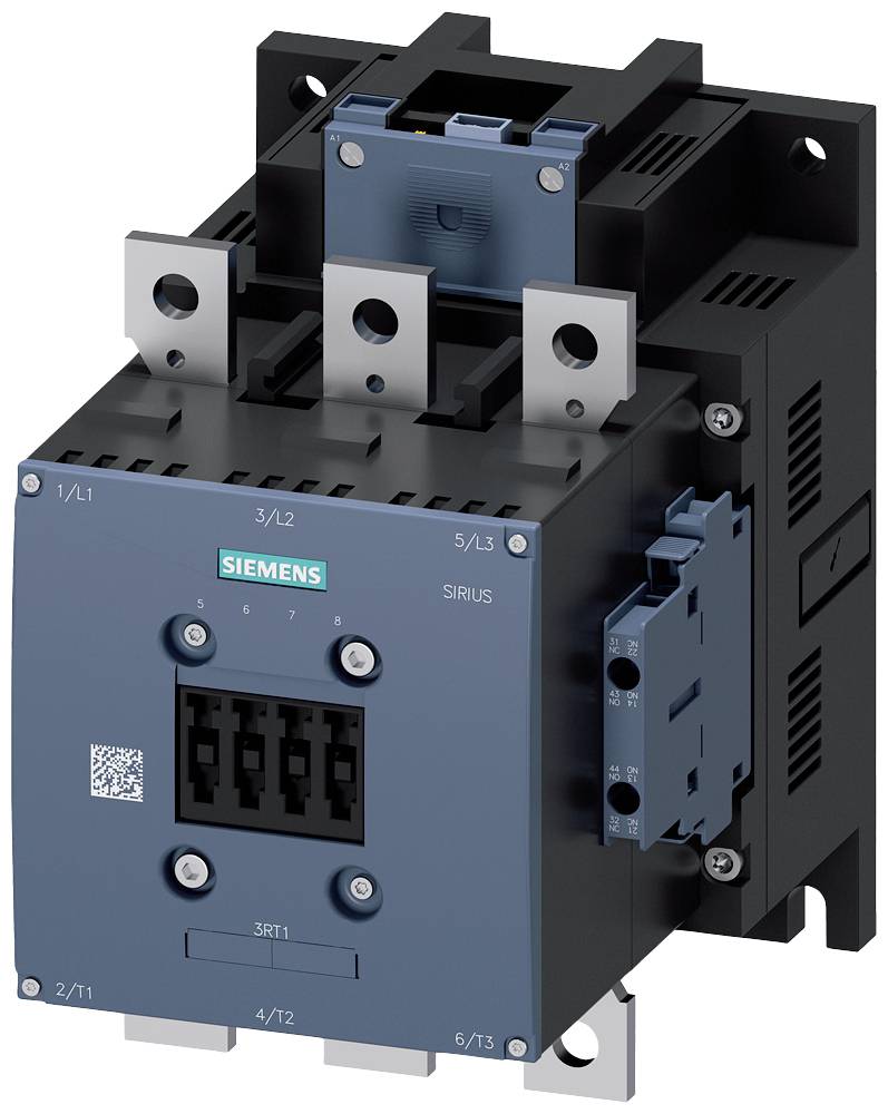 A Siemens circuit breaker in blue and black with multiple connections and two switching buttons.
