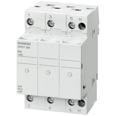 A white Siemens performance switch with the designation '3NW7 364', rated for 20A at -400V, with four inputs and outputs labelled from 1 to N.