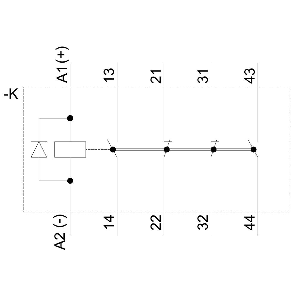 'Electrical circuit diagram shows a relay with labelled terminals: A1(+), A2(-), and contact groups 13-14, 21-22, 31-32, 43-44.'