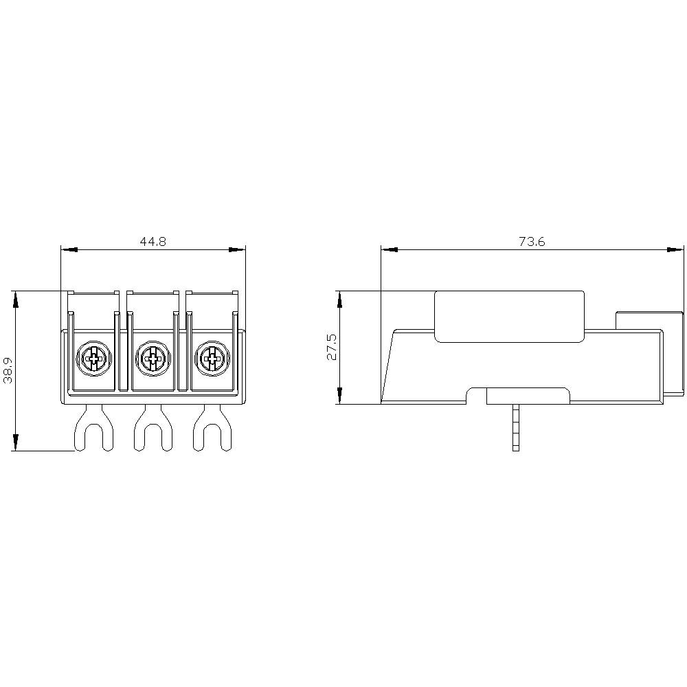 'Technical drawing of a connector with dimensions: 44.8 mm width, 38.9 mm height, 27.5 mm depth, 73.6 mm total length.'