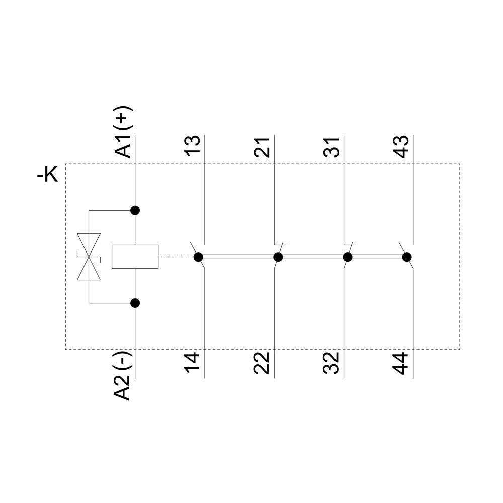 'Contactor wiring diagram with coil A1(+) and A2(-), four normally open contacts: 13-14, 21-22, 31-32, 43-44 respectively connected.'