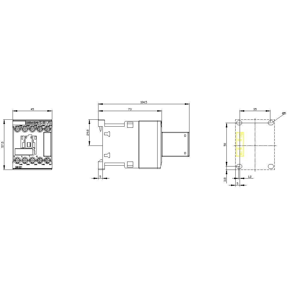 Technical drawing of a relay with front, side, and top views. Dimensions and connections are detailed.