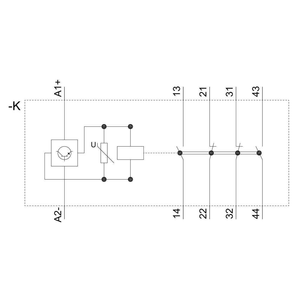 'Circuit diagram of a relay with a coil and multiple contacts controlled by the relay. Terminals A1+ and A2 at the input.'