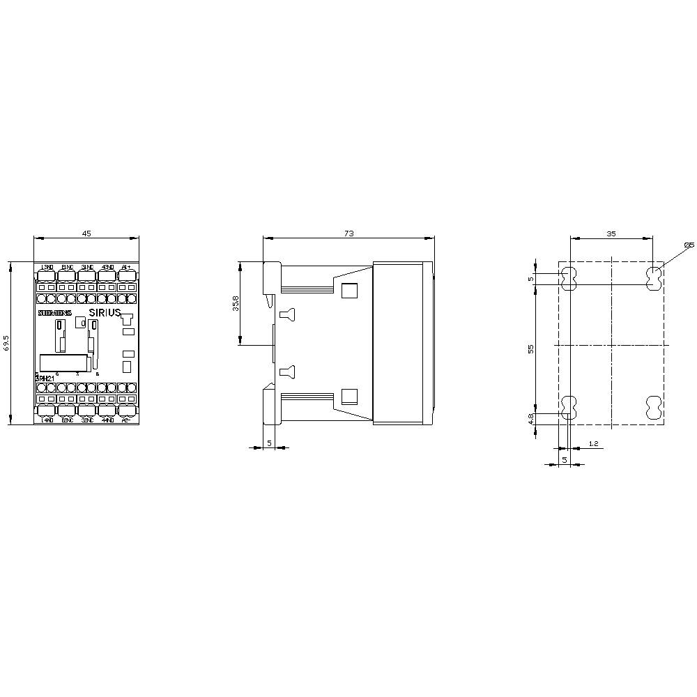 Technical drawing of an electrical switch by the brand 'SIRIUS', with dimensions and labels. Front view, side view, and top view are shown.