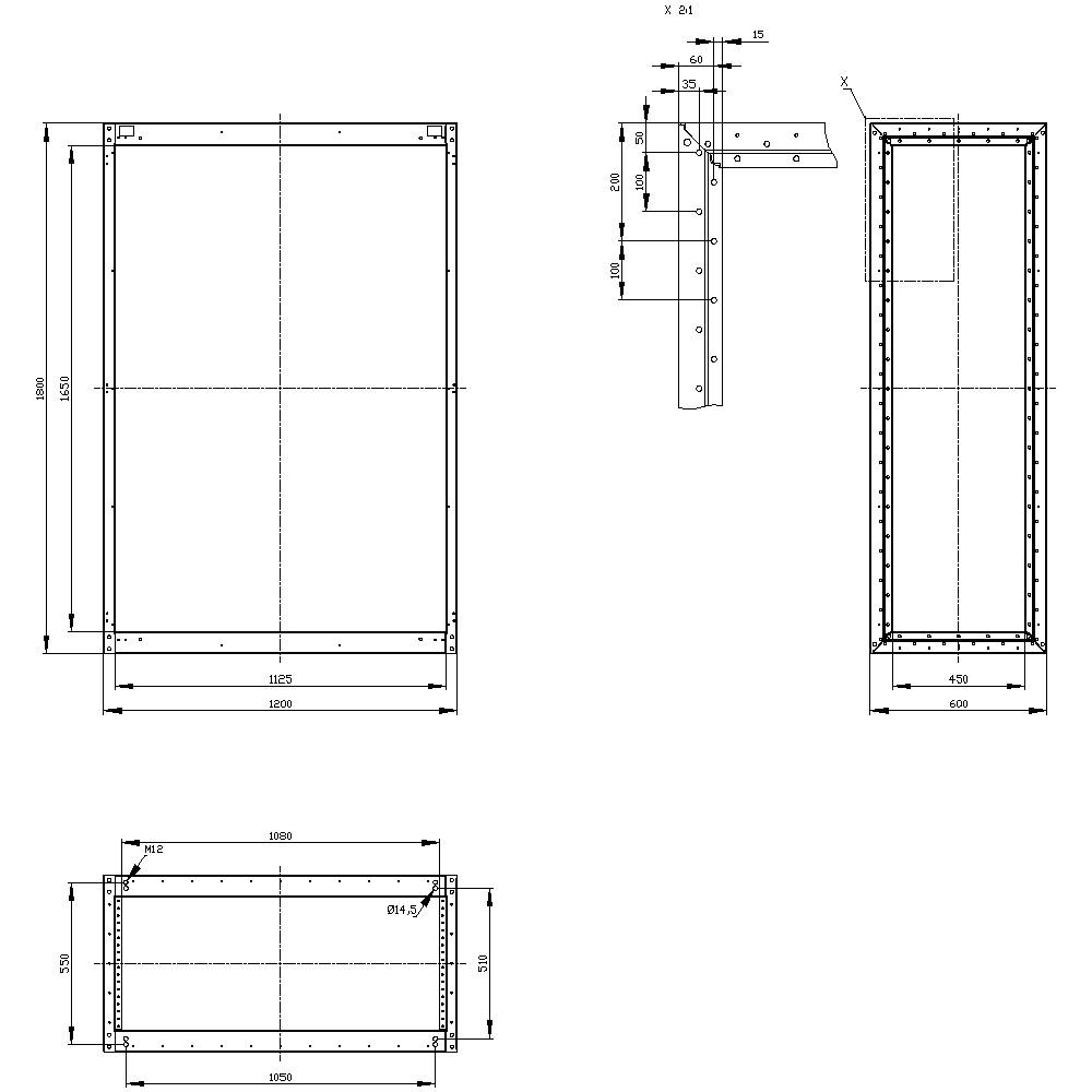 Technical drawing of a metal construction with dimensions in millimetres. Views show front, side, and top elevation.