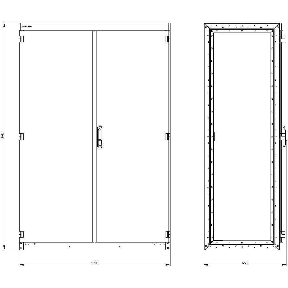Technical drawing of a rectangular electrical cabinet with two doors and dimensions. Left: front view, right: side view.