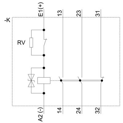 RV circuit diagram shows a relay with contacts at '14', '24', '32'; '+' and '-' indicate current direction.
