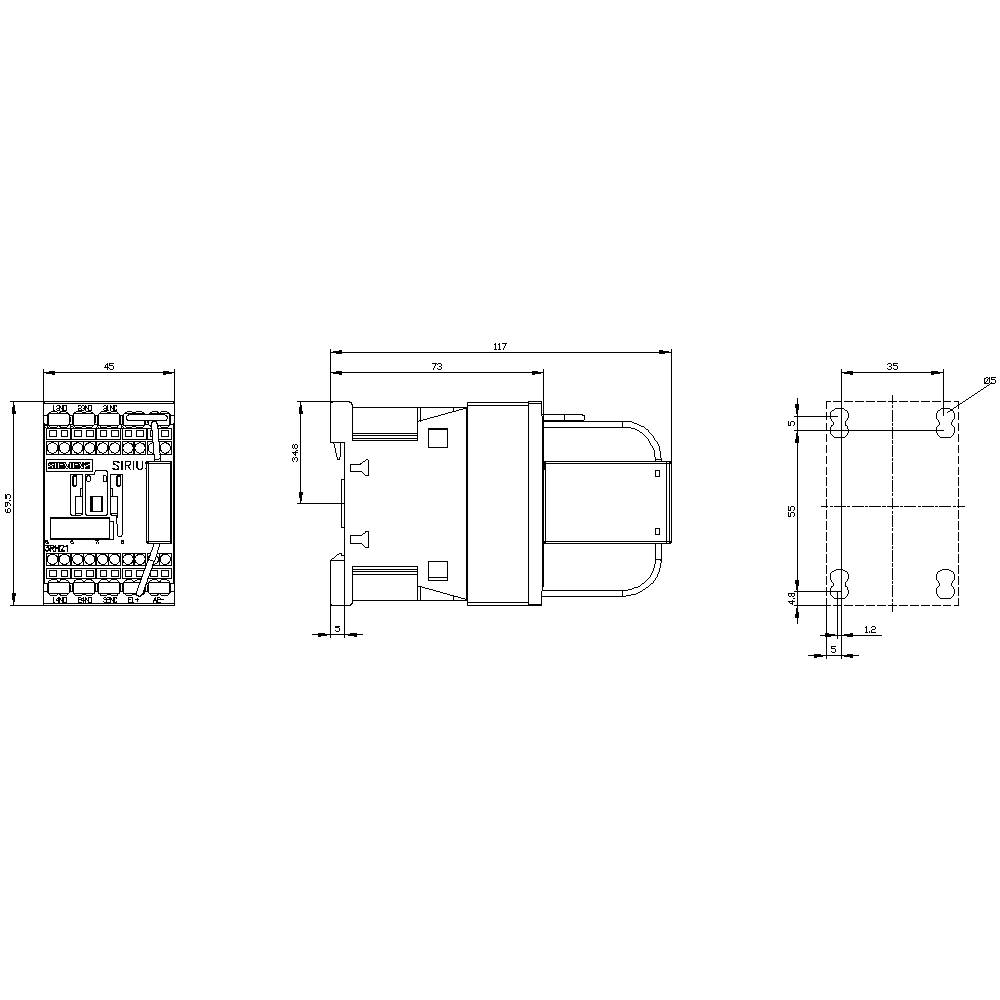 Technical drawing of an electrical component with dimensions in millimetres. Shows front, side, and top views. Dimensional specifications for precise technical details.