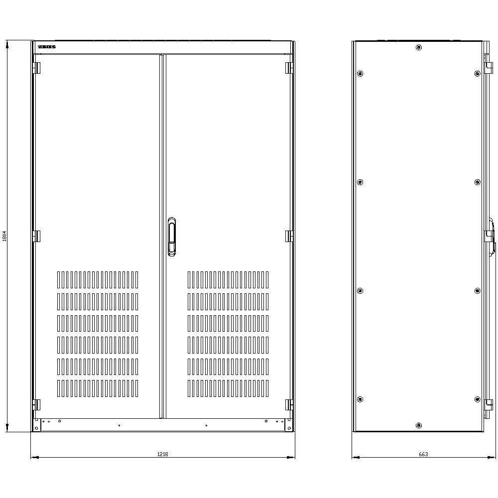 'Technical drawing of a rectangular cabinet with double doors and ventilation slots, front and side view, with dimensional specifications.'