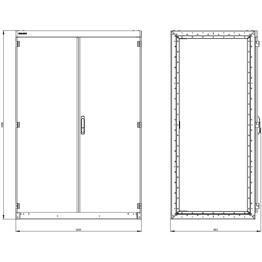 'Technical drawing of a rectangular door with dimensions and details of the door opening, hinges, and handle.'