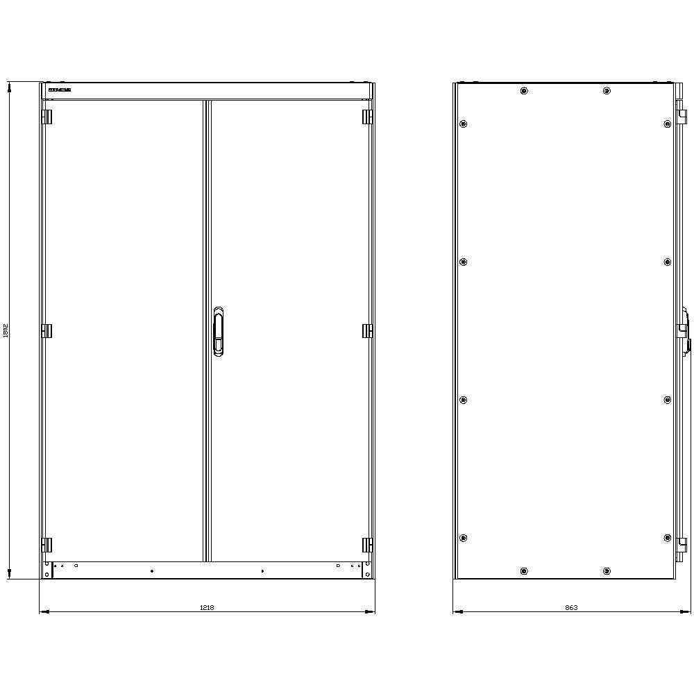 Technical drawing of a two-part control cabinet, front and side view, dimensional specifications for height, width, and depth.