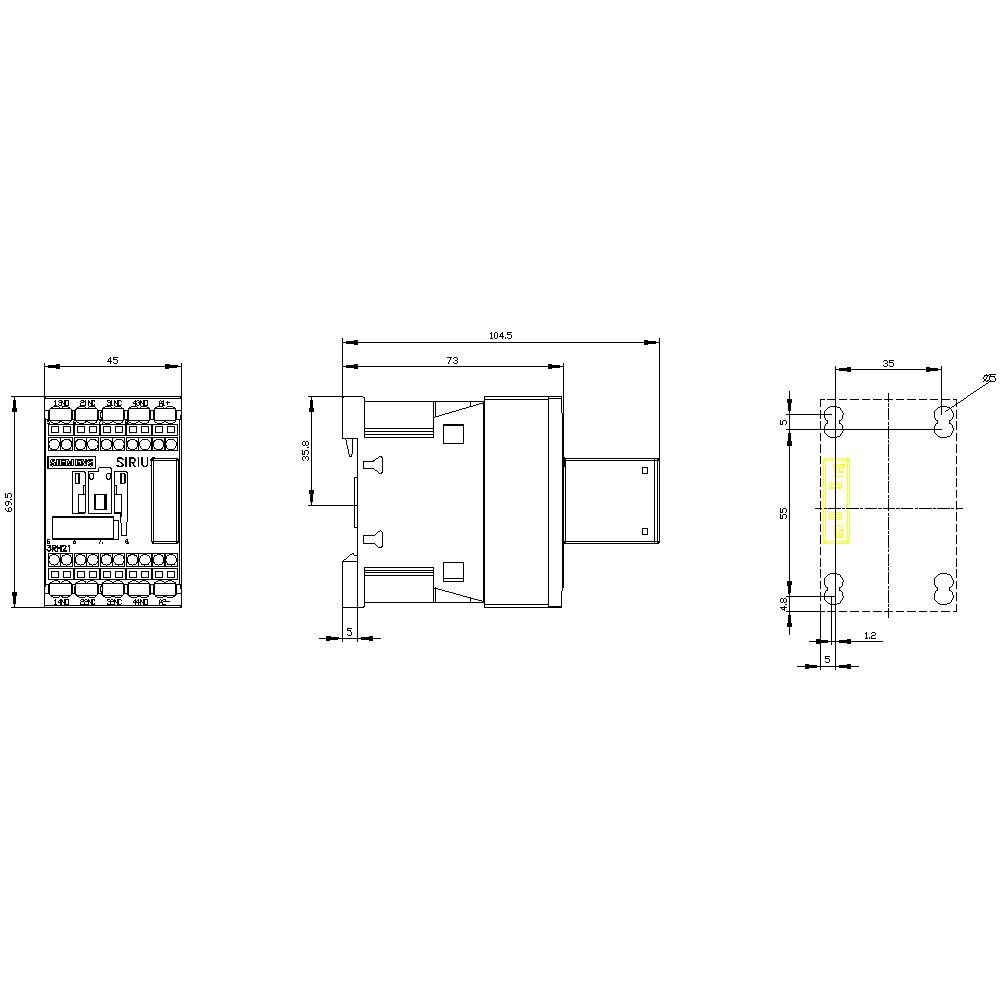 Technical drawing of an electrical switch with three views: front view, side view, and top view with dimensions.