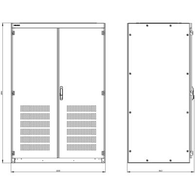 A two-dimensional schematic of a rectangular metal cabinet with two doors, ventilation slots, and dimensions in millimetres.