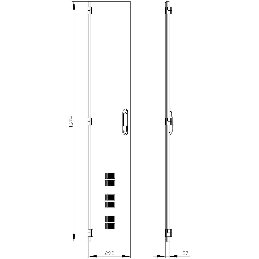 'Vertical view in profile with dimensions: Height 1574 mm, Width 292 mm, Depth 27 mm. Ventilation slots are integrated into the door.'