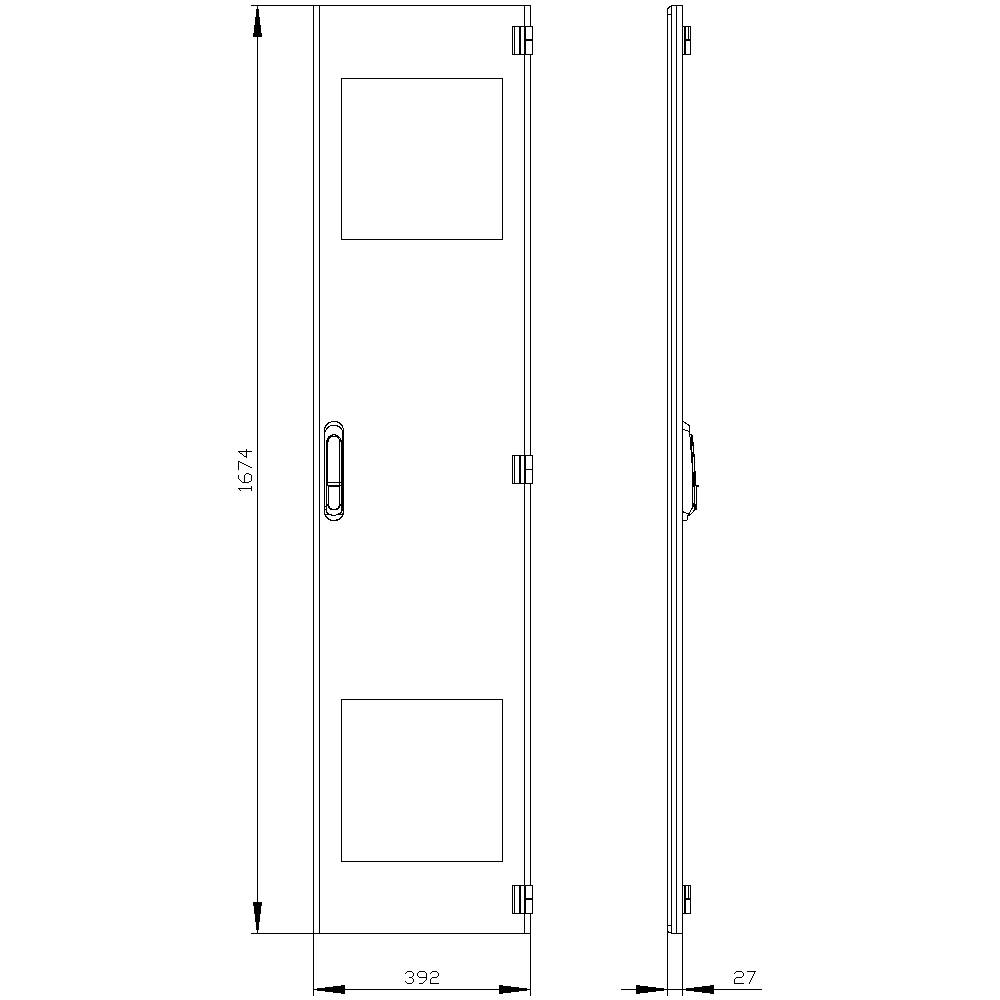 'Drawing of a door with dimensions 1574 mm height, 392 mm width and 27 mm thickness. Shows hinges and handle in the centre.'