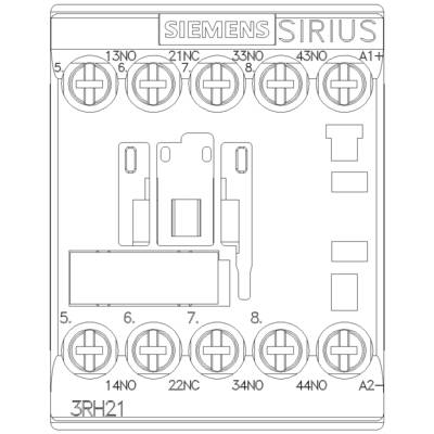 A Siemens Sirius contactor with numbered contact terminals from 1 to 8, and connection points A1, A2 located top right. Model number 3RH21.