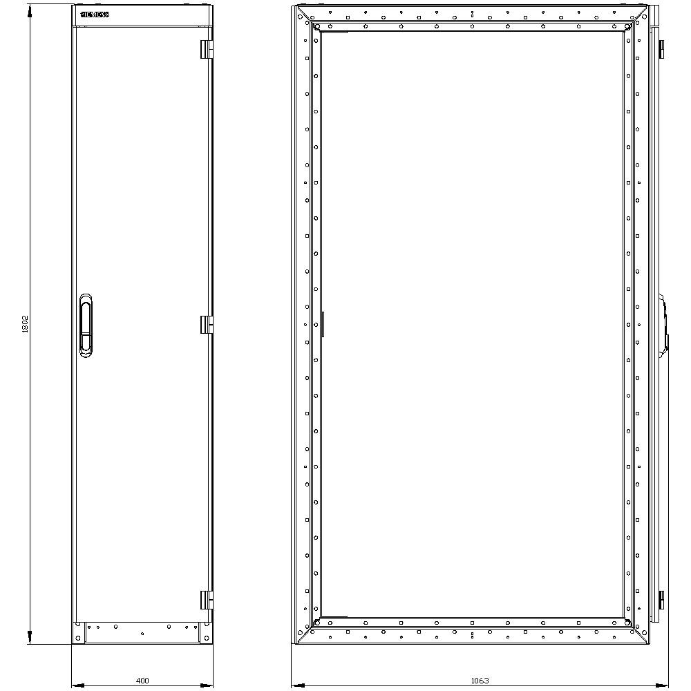 Two technical drawings of a rectangular cabinet with detailed dimensions. Left view shows the side, right view shows the front elevation.
