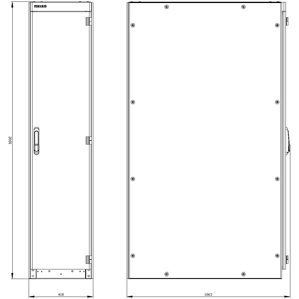 Drawing of a rectangular cupboard with side and front view. Dimensions: 1802 mm height, 418 mm width (side), 1053 mm width (front).