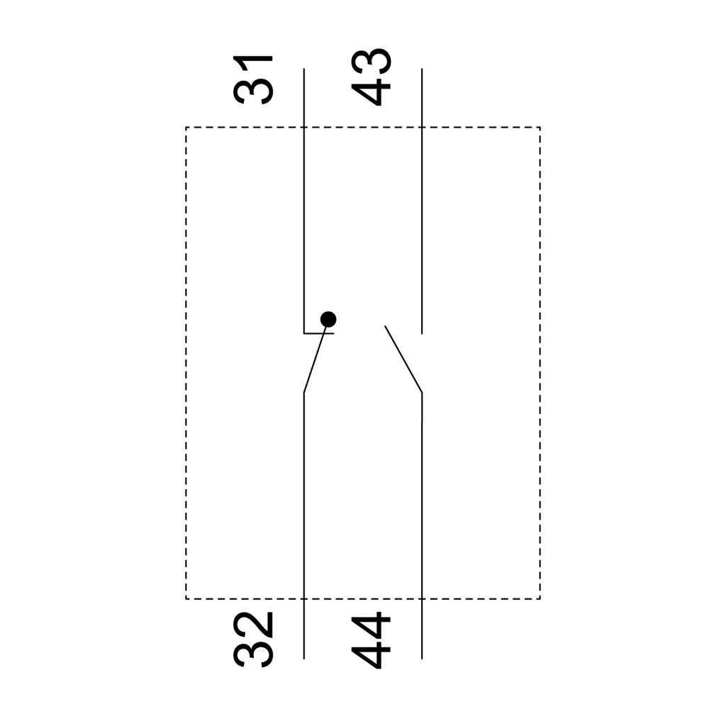 'Closed contact (Normally Closed) 43-44' and 'Open contact (Normally Open) 31-32' depicted in a circuit diagram symbol.