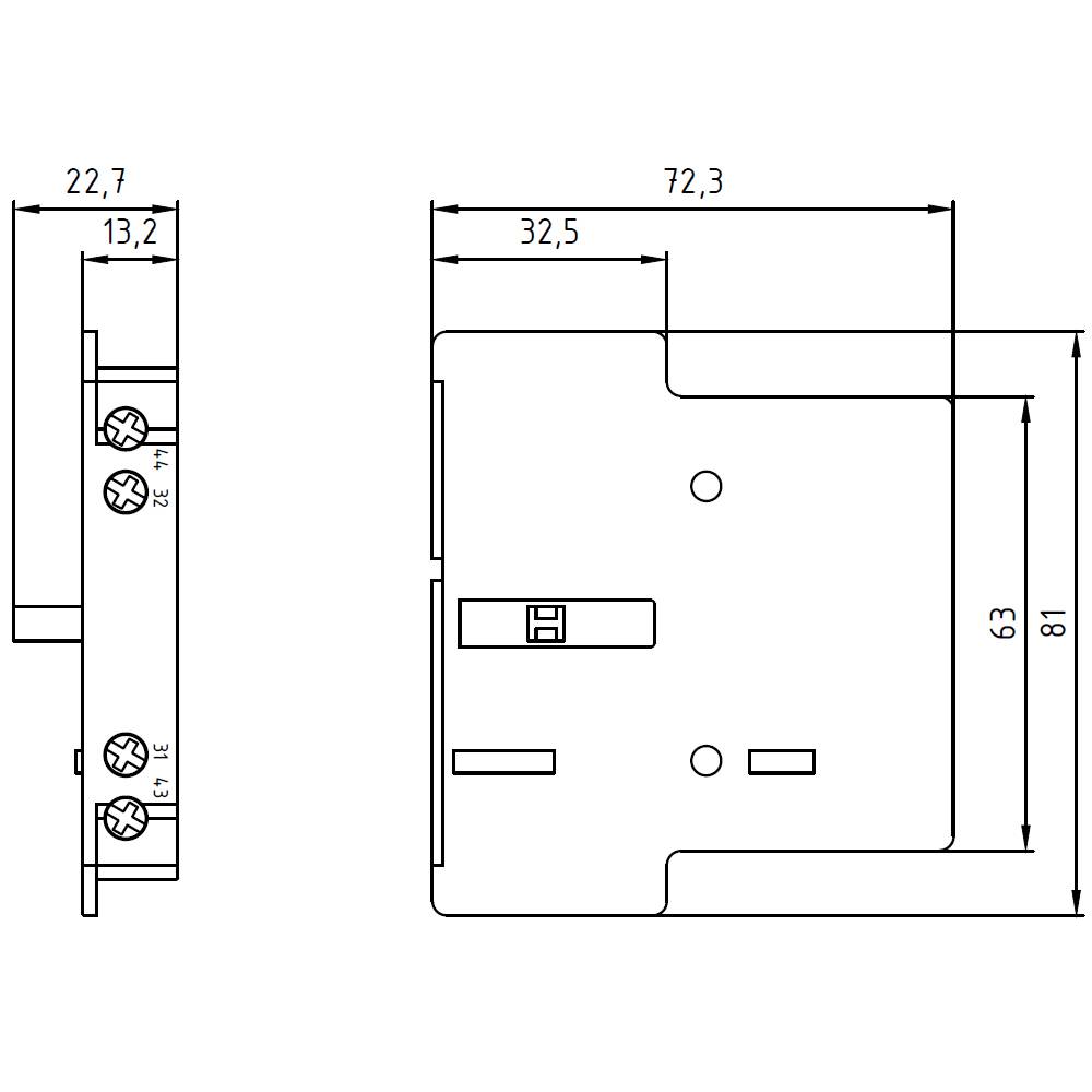 Technical drawing of a rectangular component with dimensions in millimetres: 72.3 x 81 x 32.5 with drill holes and screw locations.