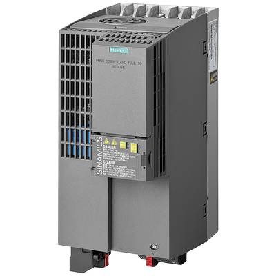 A Siemens industrial converter from the SINAMICS series, with ventilation slots and warning notices on the front panel.