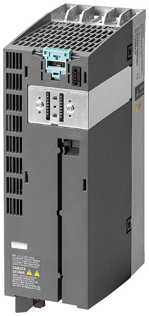 A grey control cabinet with ventilation slots and connections. Several ventilation openings on the top surface, including a blue plug connection.