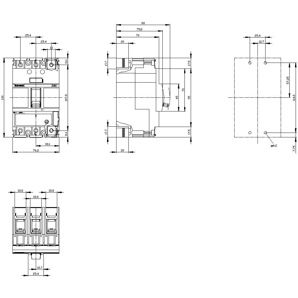 Technical drawing of an electrical switch with dimensions in millimetres. Front, side, and top views are shown.