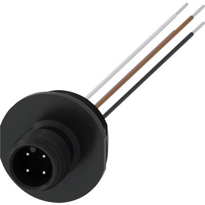 A black, round connector with five pins and three protruding cables in white, brown, and black.