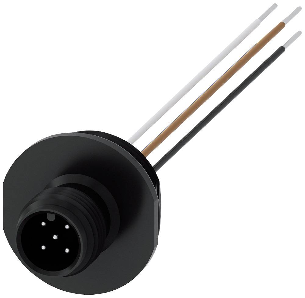 A round, black connector plug with four visible electrical pins and three connected cables in white, brown, and black.