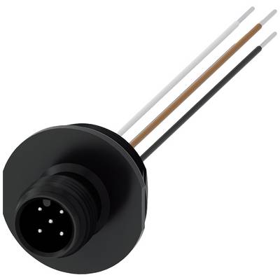 A round, black connector plug with four visible electrical pins and three connected cables in white, brown, and black.
