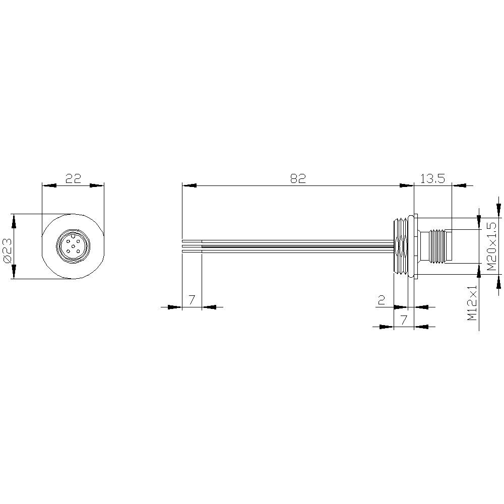 Drawing of a cylindrical connector with dimensions: total length 82 mm, diameter 23 mm, thread M12x1.5, cable protrusion 7 mm.