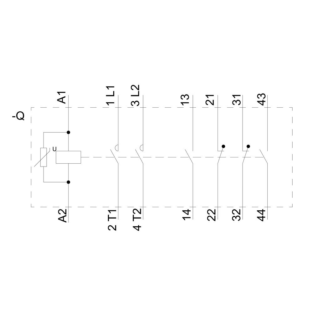 Circuit diagram of a relay: Shows terminals A1, A2, T1, T2 with switching contacts 1-4 for control circuits. L1, L2, 13, 14, 21, 22, 31, 32, 43, 44 are depicted.