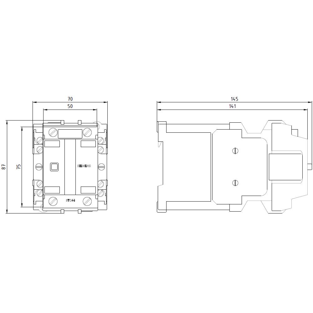 Drawing of an electrical switch with dimensions: width 50 mm, height 87 mm, depth 141 mm. Front and side view.