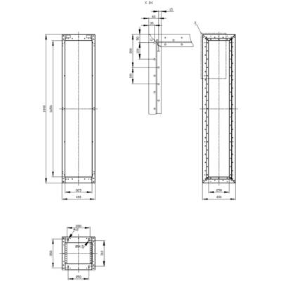 Technical drawing of a rectangular box. Details: Dimensions are 400 x 1100 mm, with drilled holes and mounting brackets.