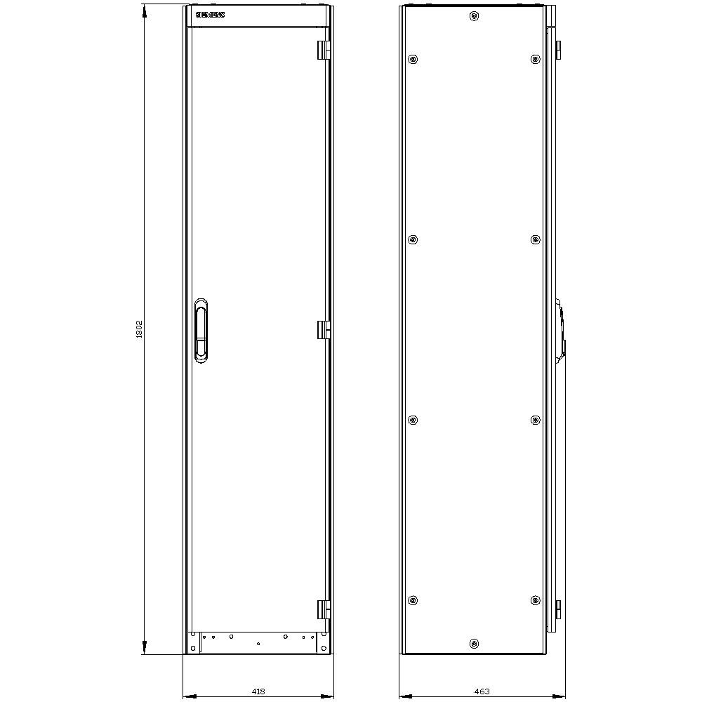 Technical drawing of a tall, narrow cabinet with a door handle and hinges. Height and width dimensions, as well as screw positions, are indicated.
