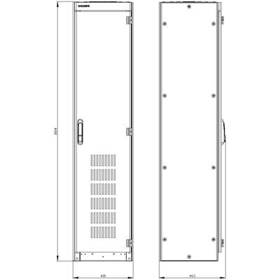 Front view of a technical cabinet with ventilation slots, handle, and dimensional specifications. On the left is the front view, on the right is the side view.