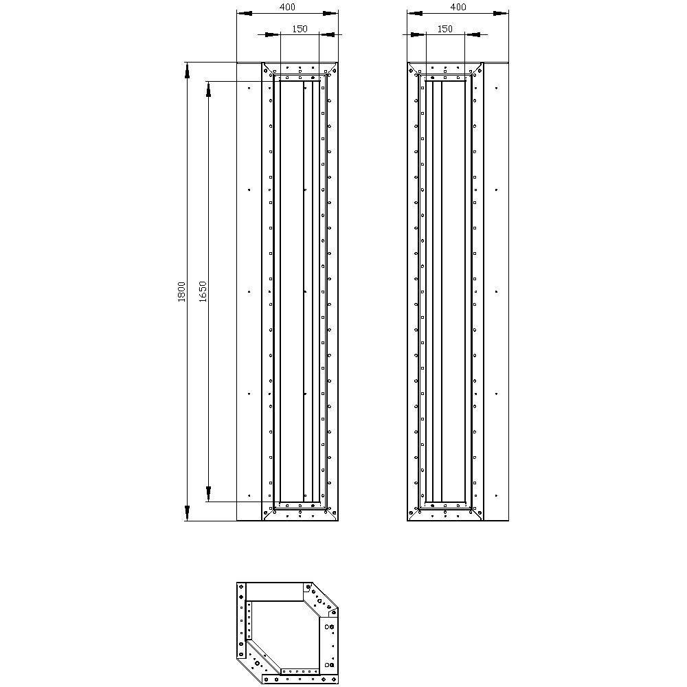 Technical drawing of two narrow, rectangular components with dimensions. At the top, lengths (1500) and widths (400, 150) are specified. Bottom view shows the component at an angle.