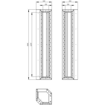 Technical drawing of two narrow, rectangular components with dimensions. At the top, lengths (1500) and widths (400, 150) are specified. Bottom view shows the component at an angle.
