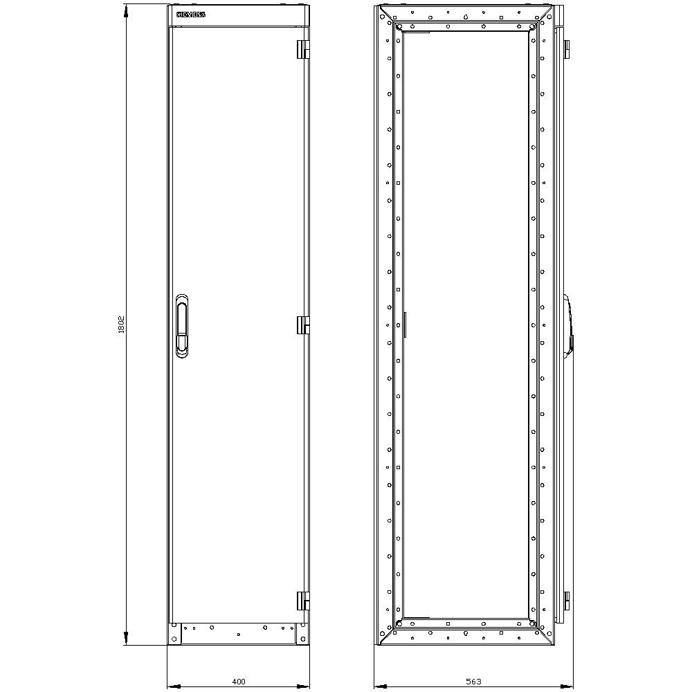 Technical drawing of two metal doors side by side, one frontal and one side view, with dimensions and fittings.