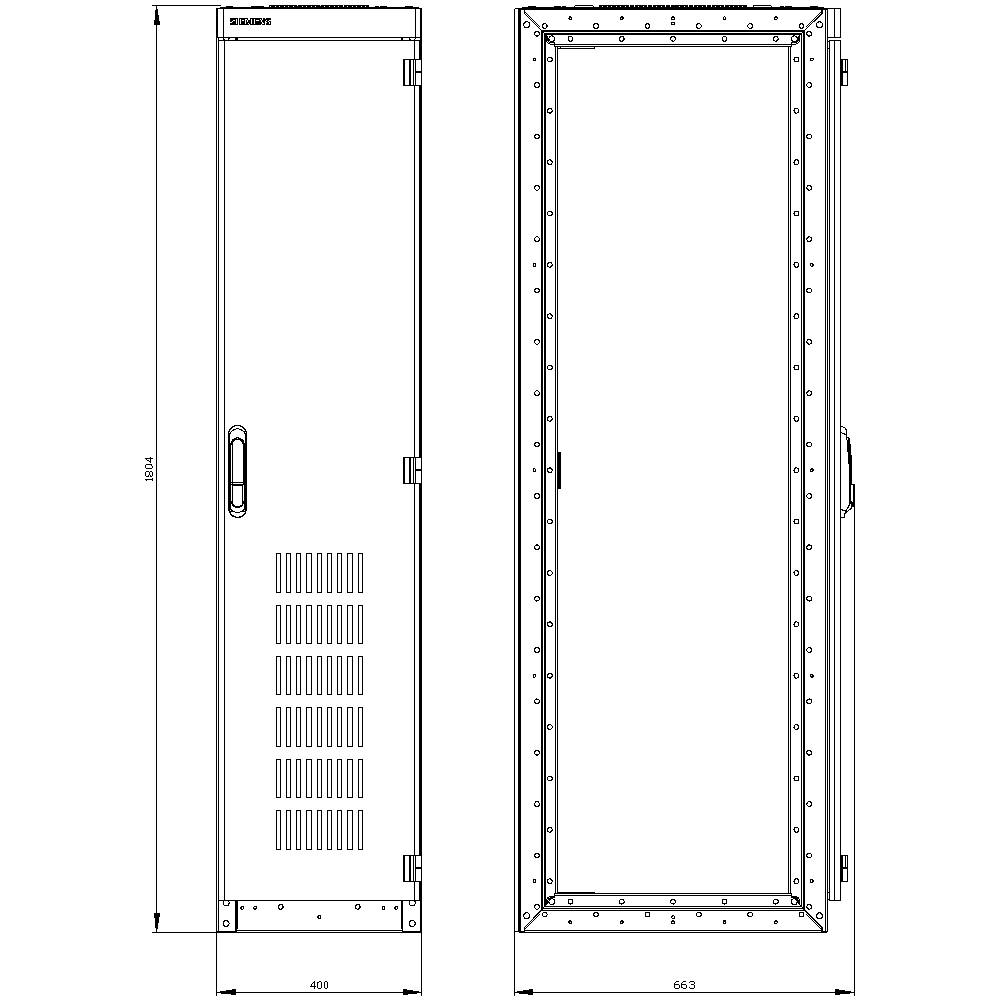 Shows technical drawing of a rectangular enclosure with a door, handle, and ventilation slots. Dimensions: 66.3 cm width, 182.1 cm height.