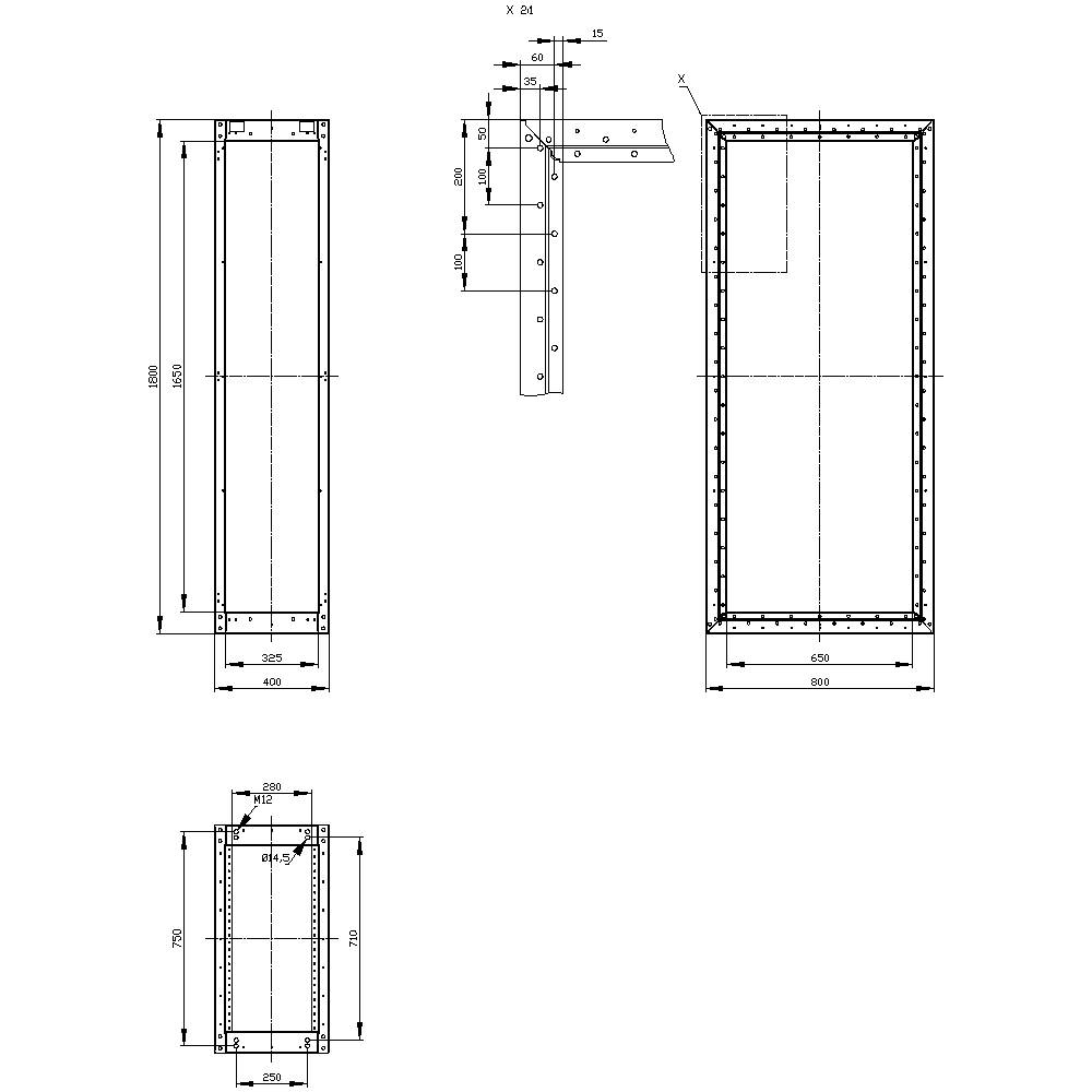 Technical drawing of a rectangular metal frame with dimensions in millimetres. Shows front, side, and detailed view.