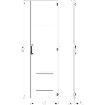 Technical drawing of a rectangular metal lid with handles on both sides, two recesses, and dimensions.
