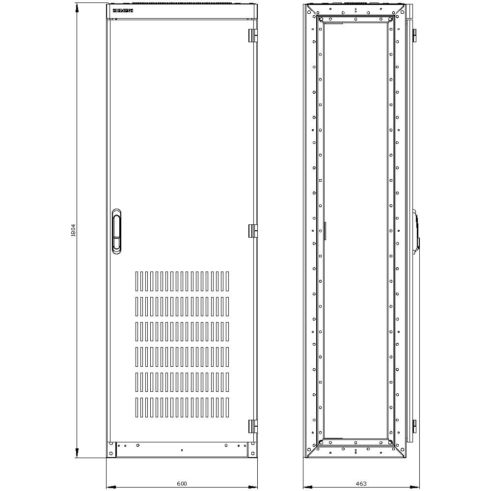 Technical drawing of a rectangular metal enclosure with ventilation slots, front and side view, with dimensions.