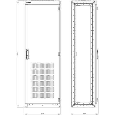 Technical drawing of a rectangular metal enclosure with ventilation slots, front and side view, with dimensions.