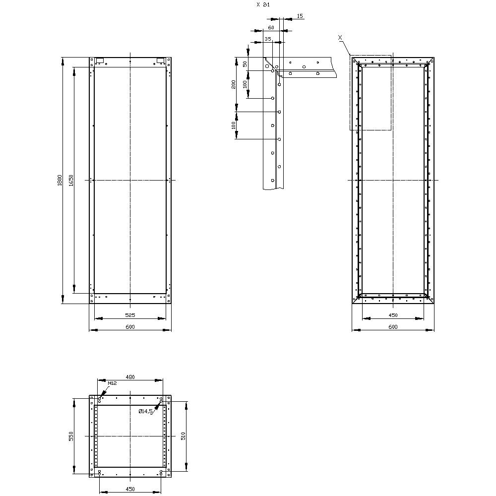Technical drawing of a rectangular frame with precise dimensions. Shows front, side, and top views with dimensional annotations.