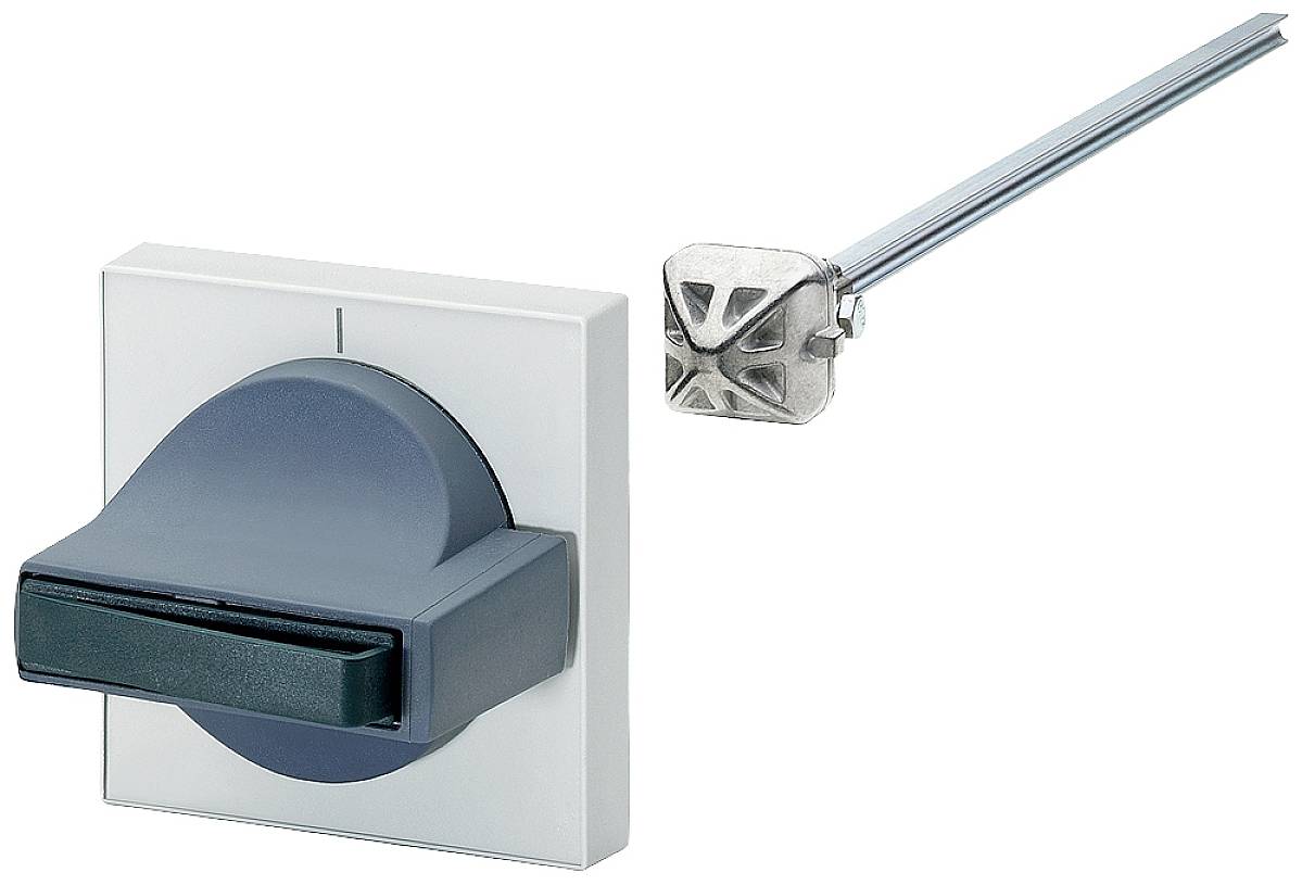 A grey rotary switch beside a metal mechanism with a rod, both forming part of an equipment mounting system.