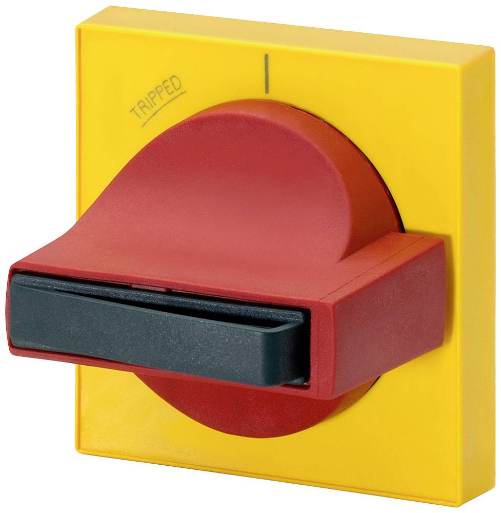 A red emergency stop switch on a yellow base with the inscription 'TRIPPED'.