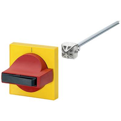A red safety rotary switch with a yellow housing, alongside a metallic switching shaft. Suitable for electrical control.