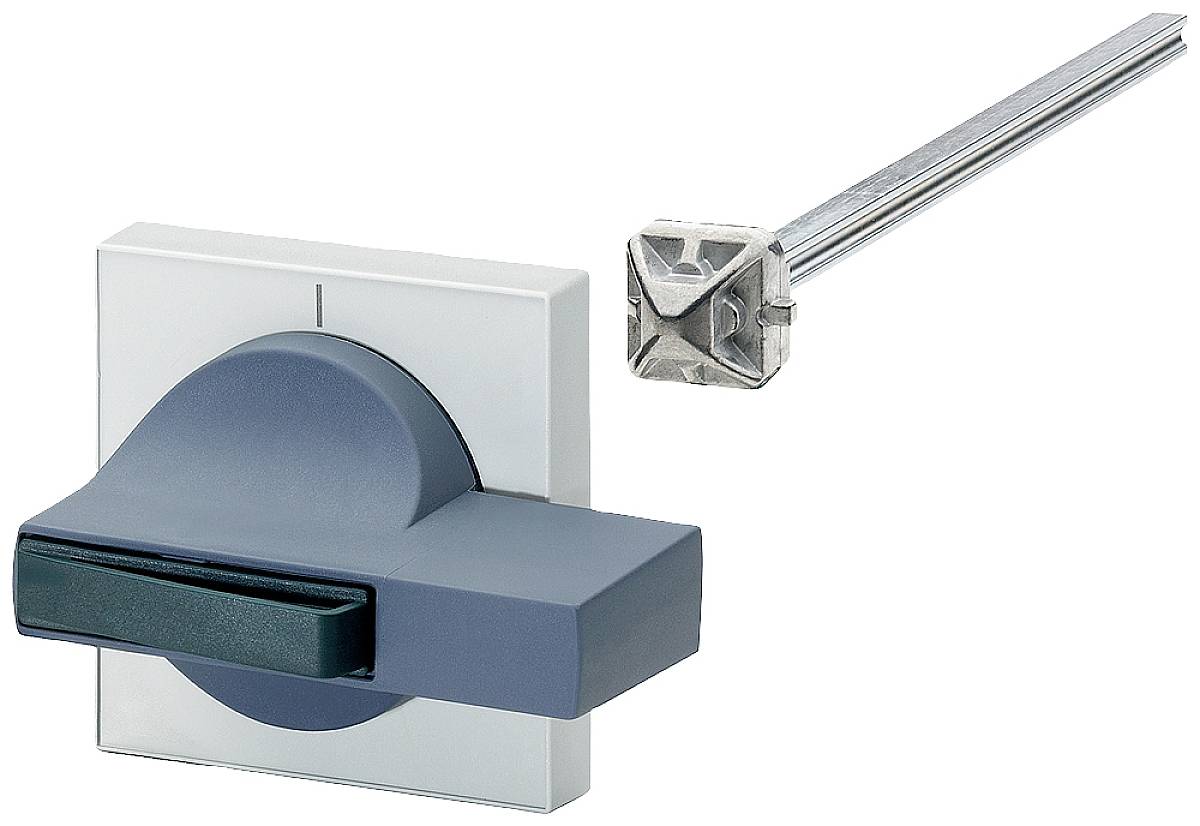 A blue-grey electrical switch lever on a square white base, with a long, narrow metal rod beside it.
