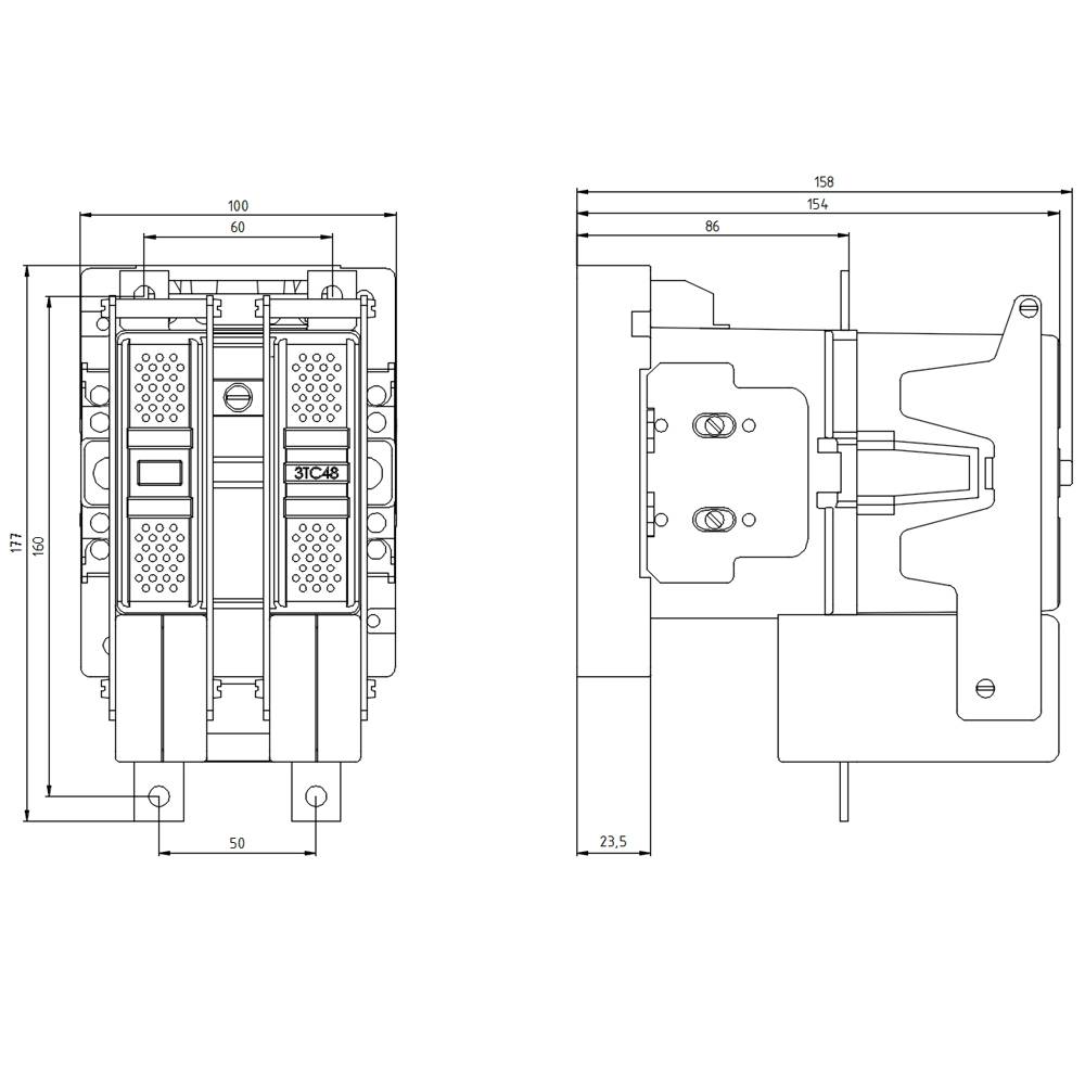 Technical drawing of an electrical switch with dimensions in millimetres. Shows front and side view.